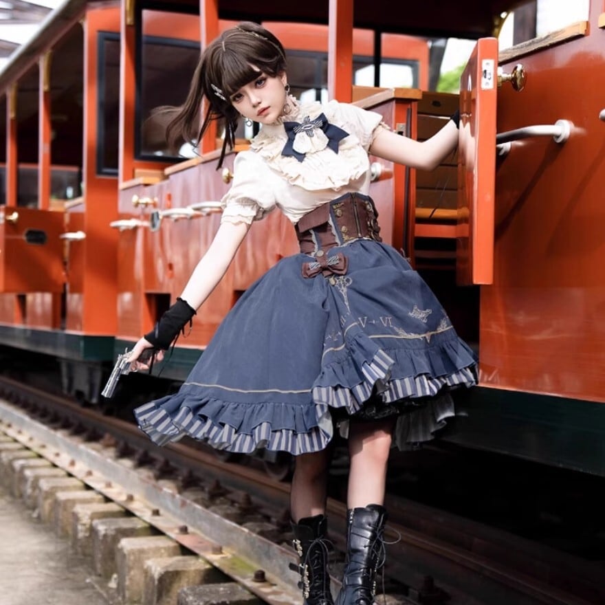 オリジナルlolita スチームパンク風 プリントロリータフルセット　L271＃ ロリータファッション 時巡りのコルセット風スチームパンク3点セット