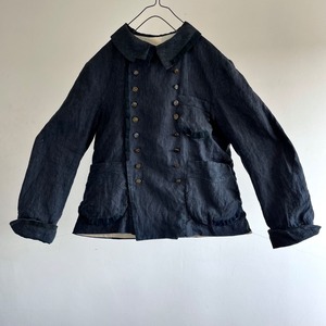 1950-1960　Vintage India Ink Dyed Pure Irish Linen Indigo Dyed  Cord  Stripe Fabric  Made Double Breasted Work Jacket