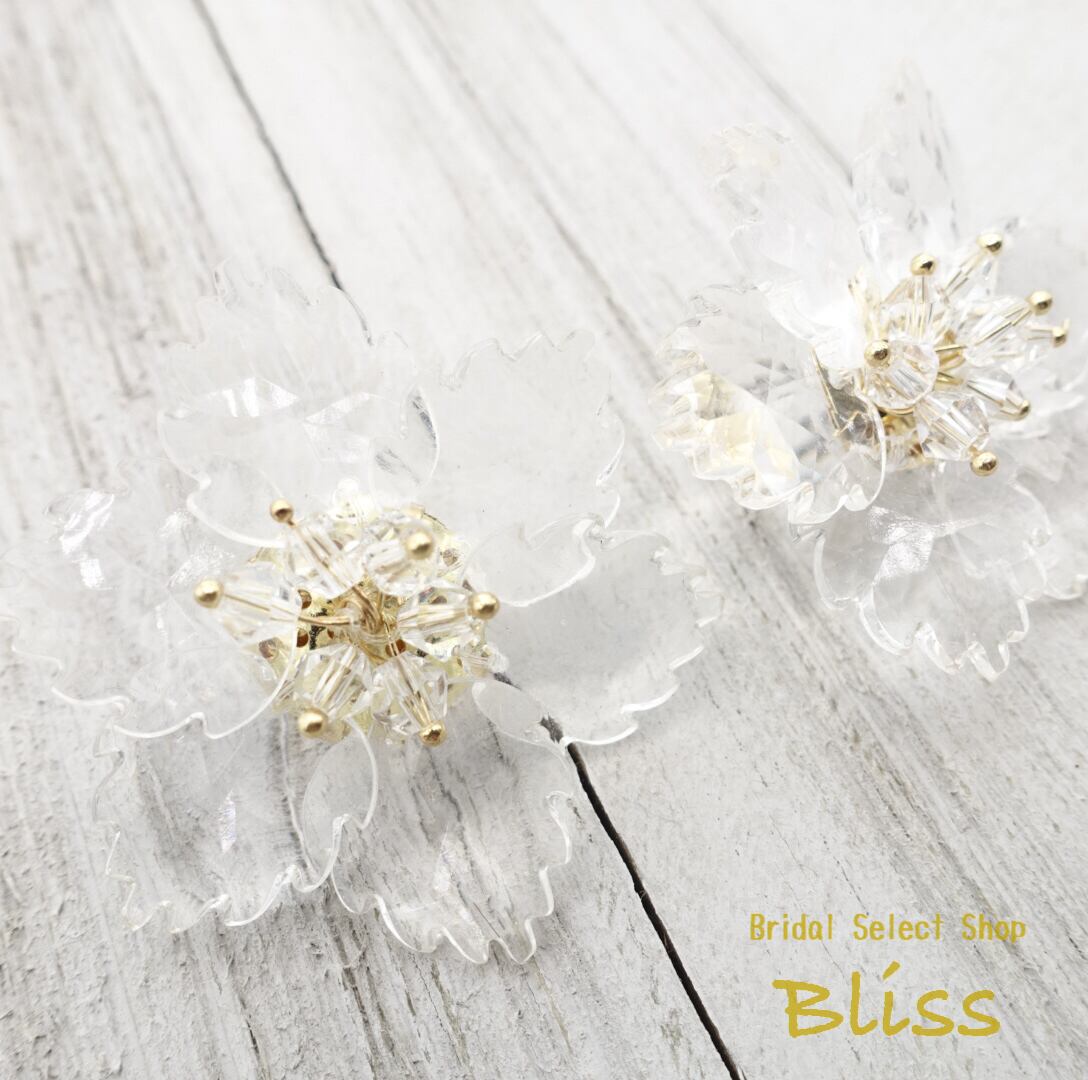 E-182 ウェディング アクセサリー【クリア フラワー スタッド ピアス】ブライダル