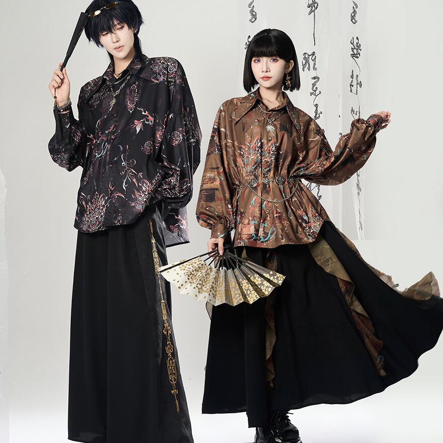 地雷系 秋服 チャイナ風 ブラウス レトロ カップルコーデ 卿棠デザイン アラサーコーデ