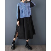 ストライプ 切り替え ロングシャツワンピース  00014