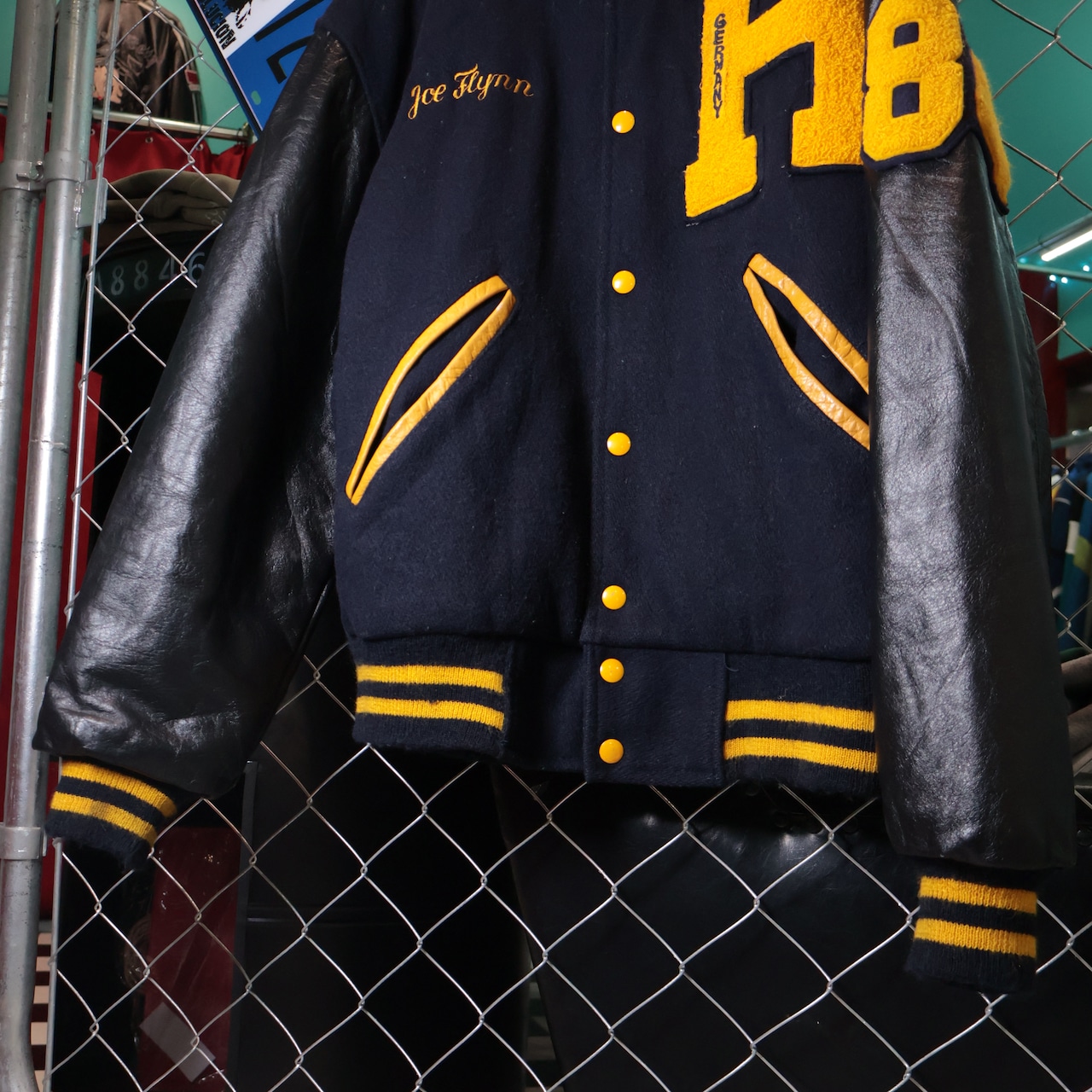 80s ADMIRAL レザー×ウールスタジャン ブラック×イエロー