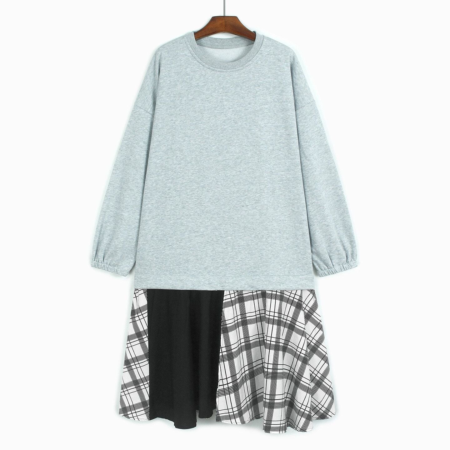 FAKE-2-PIECE ROUND NECK A-LINE MIDI PULLOVER DRESS 2colors M-14793