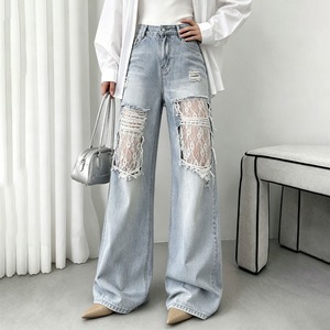 ダメージ デニム パンツ レディース レース ワイドパンツ 韓国 ストリート Y2K ジーンズ クラッシュ 透け感 ハイウエスト ジーパン 春夏秋 美脚 体型カバー ゆるカジ [LS-CGP028]