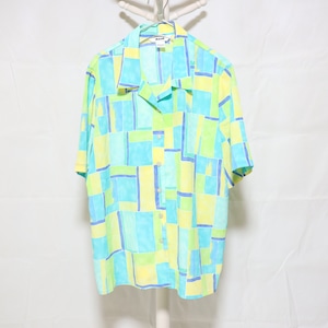 Block Pattern Short Sleeve Shirt Light Blue×Yellow