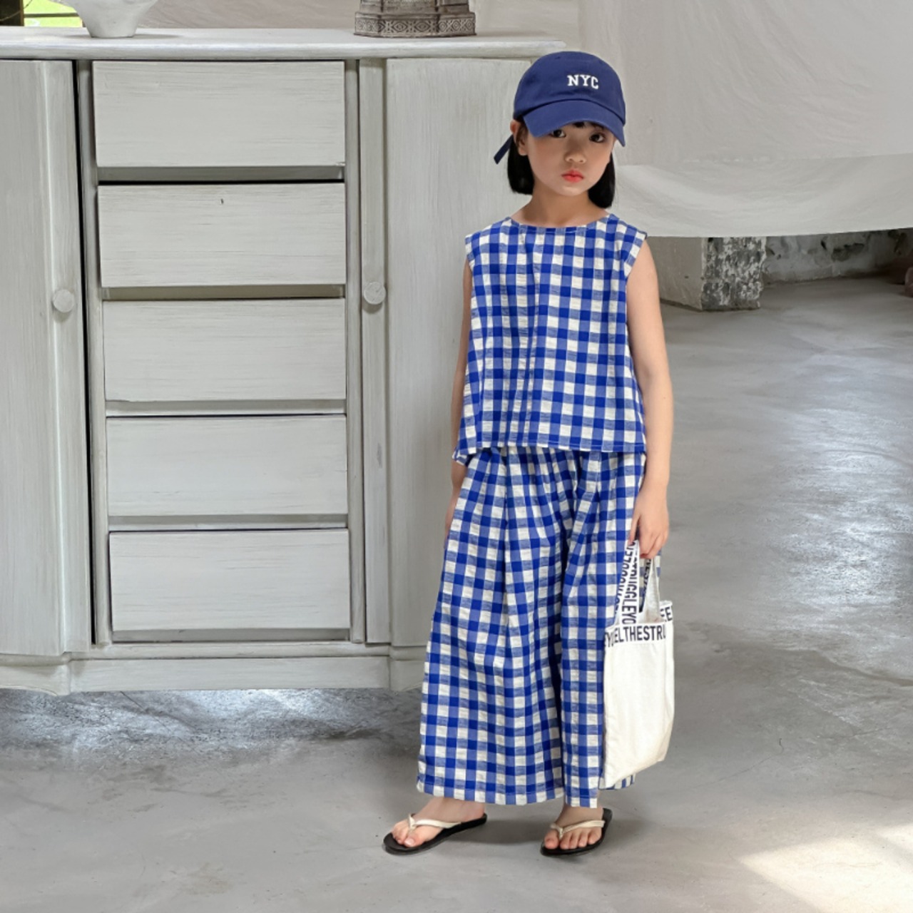 夏韓国風ブルーチェックベスト&ボトムスセット