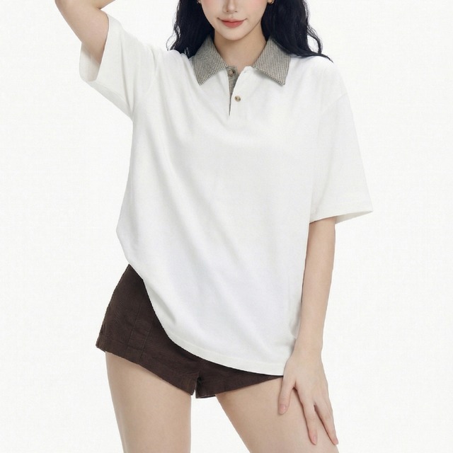 checkered collar polo short-sleeved tee　チェックカラーポロ半袖ティー　J1855