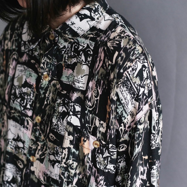 black base art pattern l/s rayon big shirt