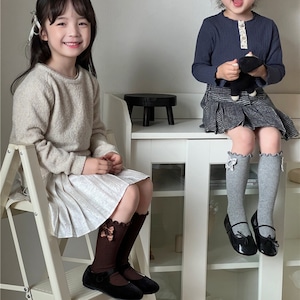 秋フリル蝶結びリプハイソックス