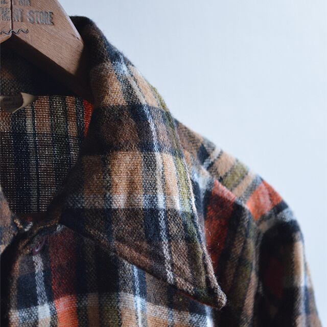 ビンテージ 60S 70S オレンジ ブラウン チェック 総柄 織り ウール