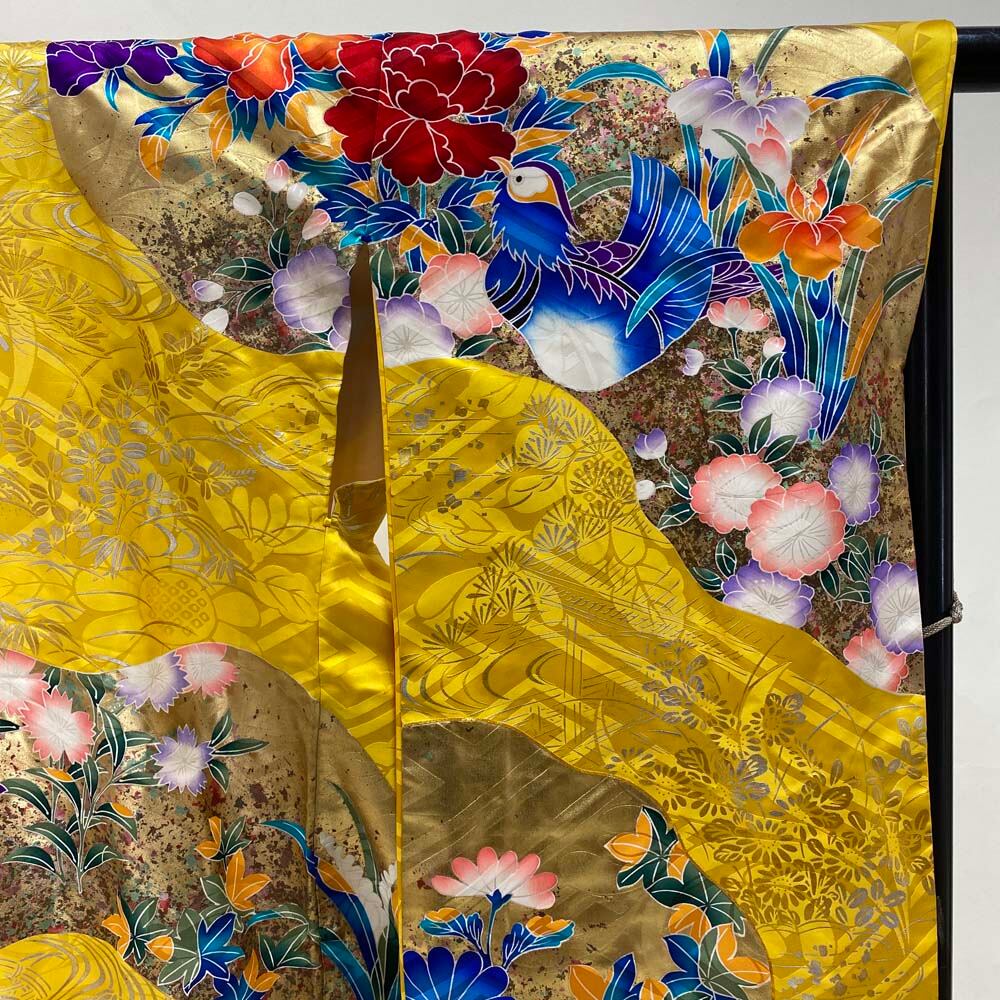 本振袖 引き振袖 正絹 黄色 桜 ピンク 花柄 古典 刺繍 結婚式 比翼