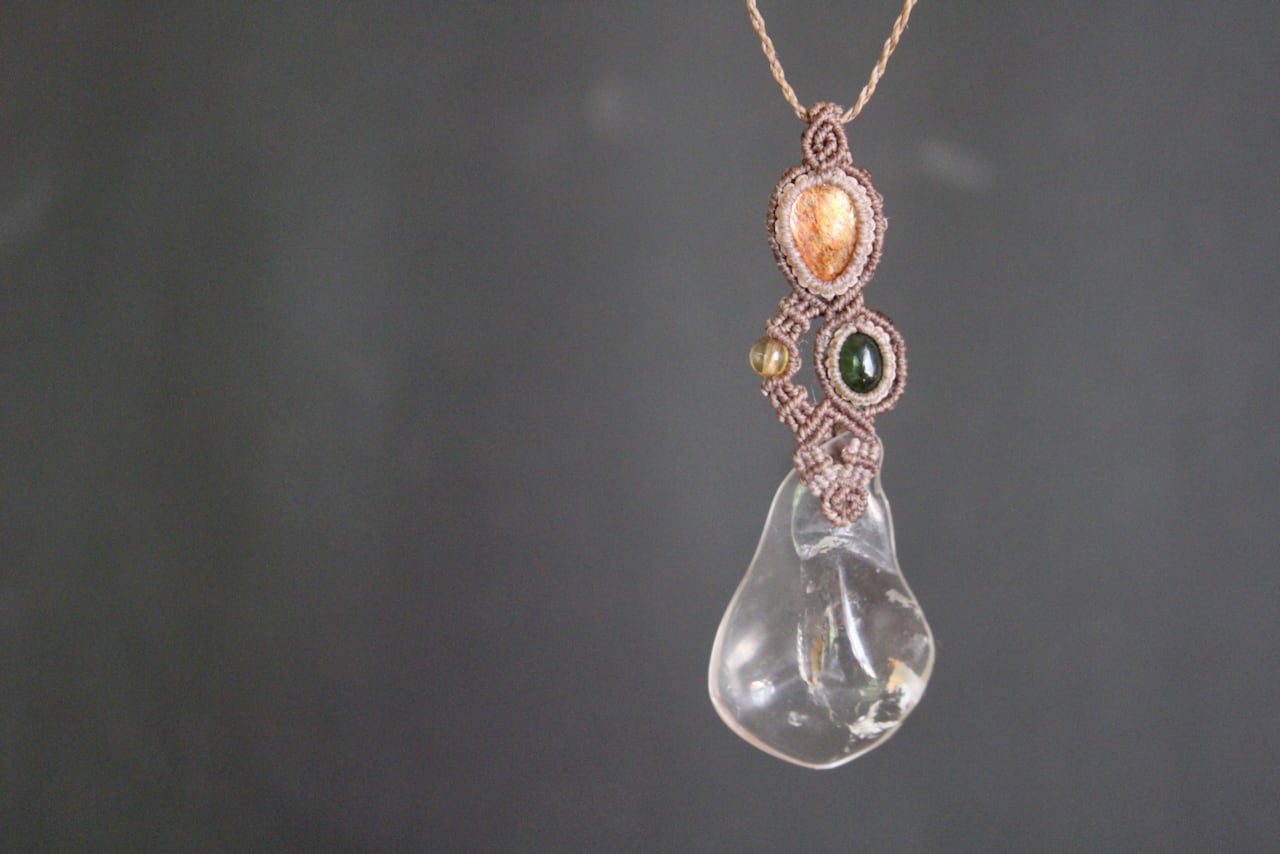 Healing crystal & Sunstone & Chrome Tourmaline micro macrame pendant