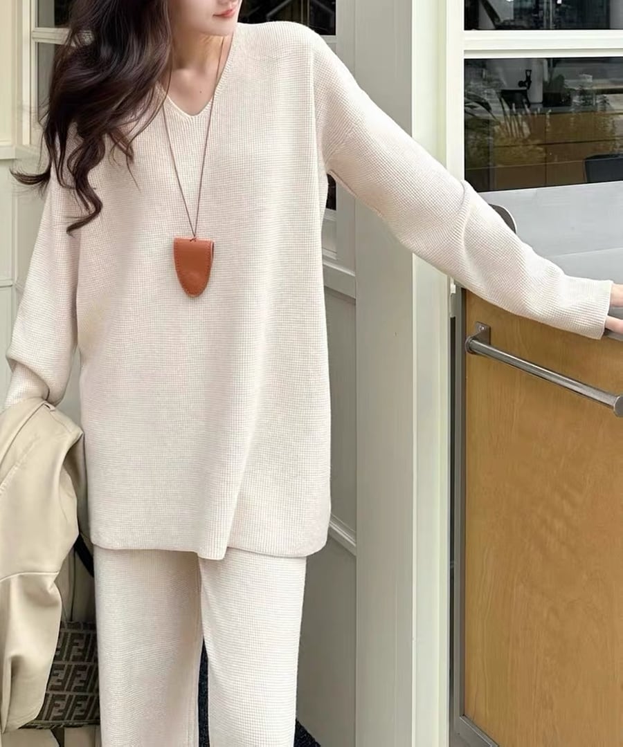 ワッフルニットトップス&パンツセット【s-40042】