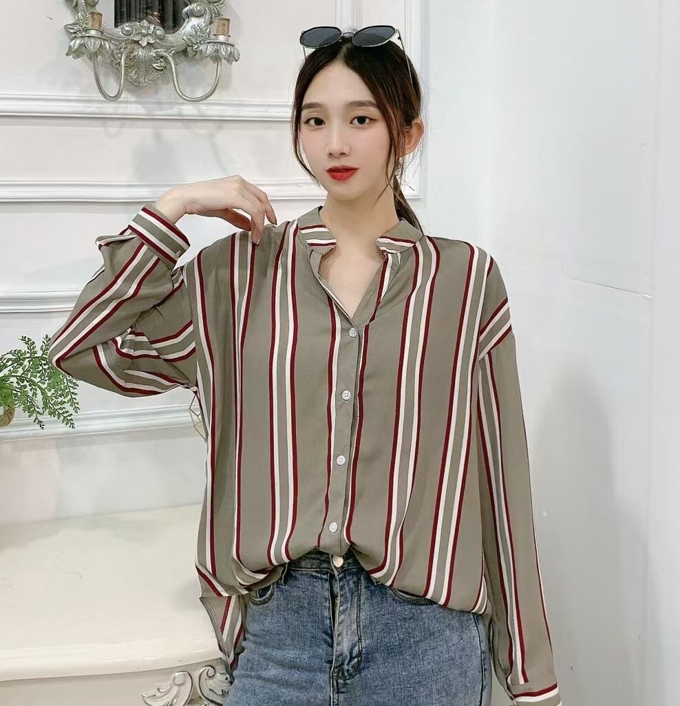 スタンドカラー マルチストライプ スキッパーブラウス AJ3346-3803