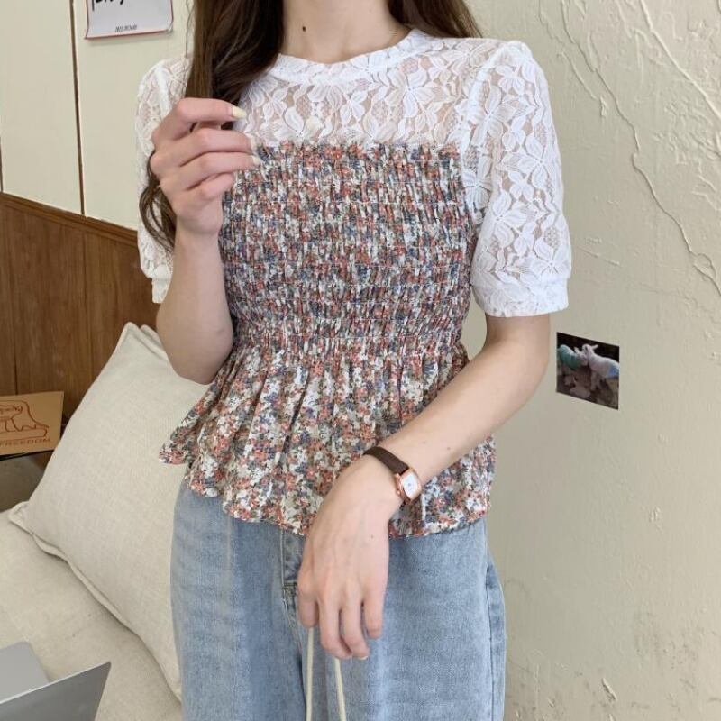 フローラルシャツ レディースサマースタイルラウンドネックレーストップス 夏物 花柄 Oネック ステッチ ハンチェンe79752403752