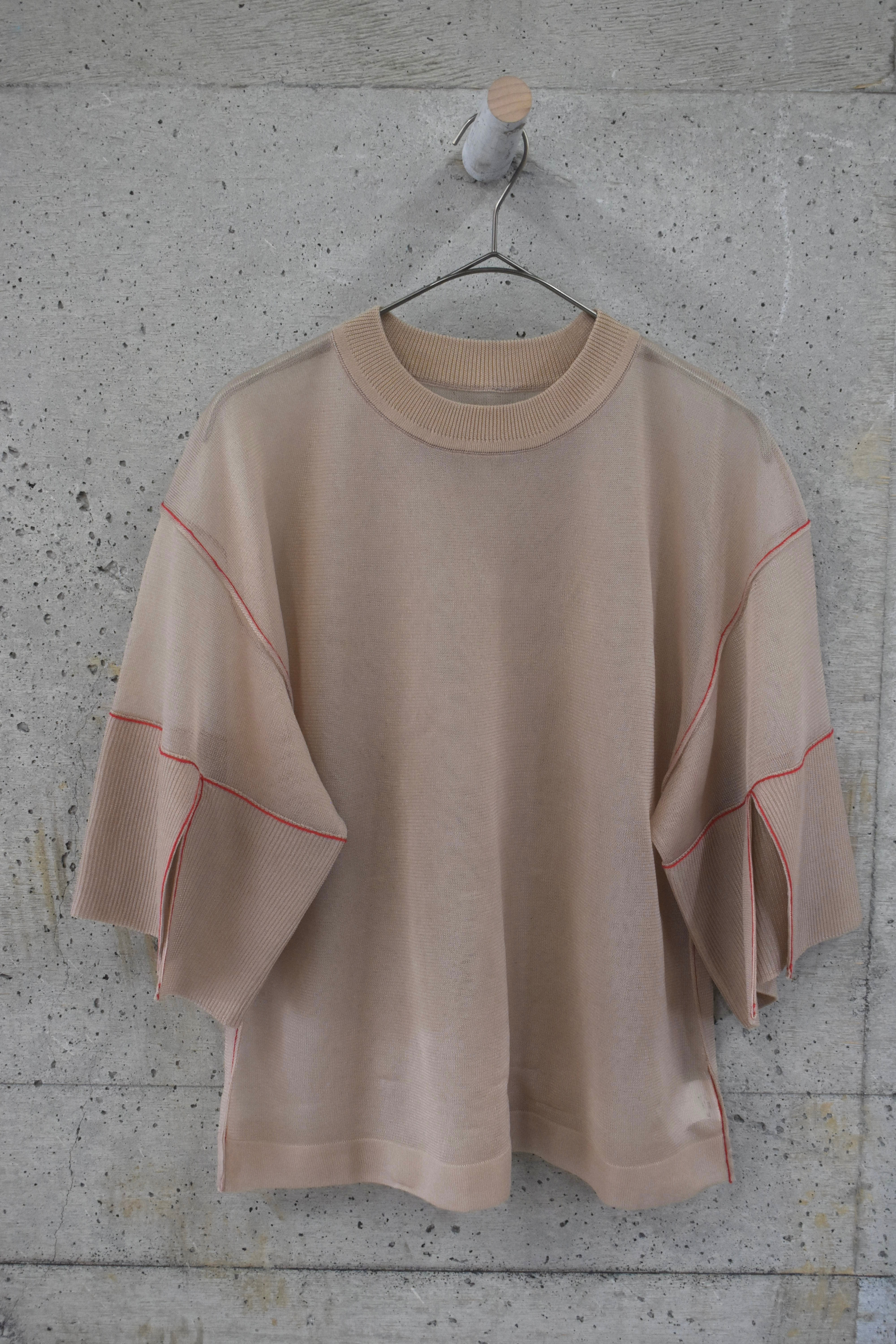 Beige sheer top with red stripes