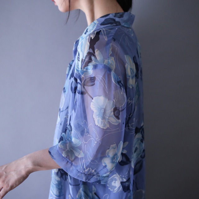 cold color beautiful flower pattern over silhouette h/s see-through shirt