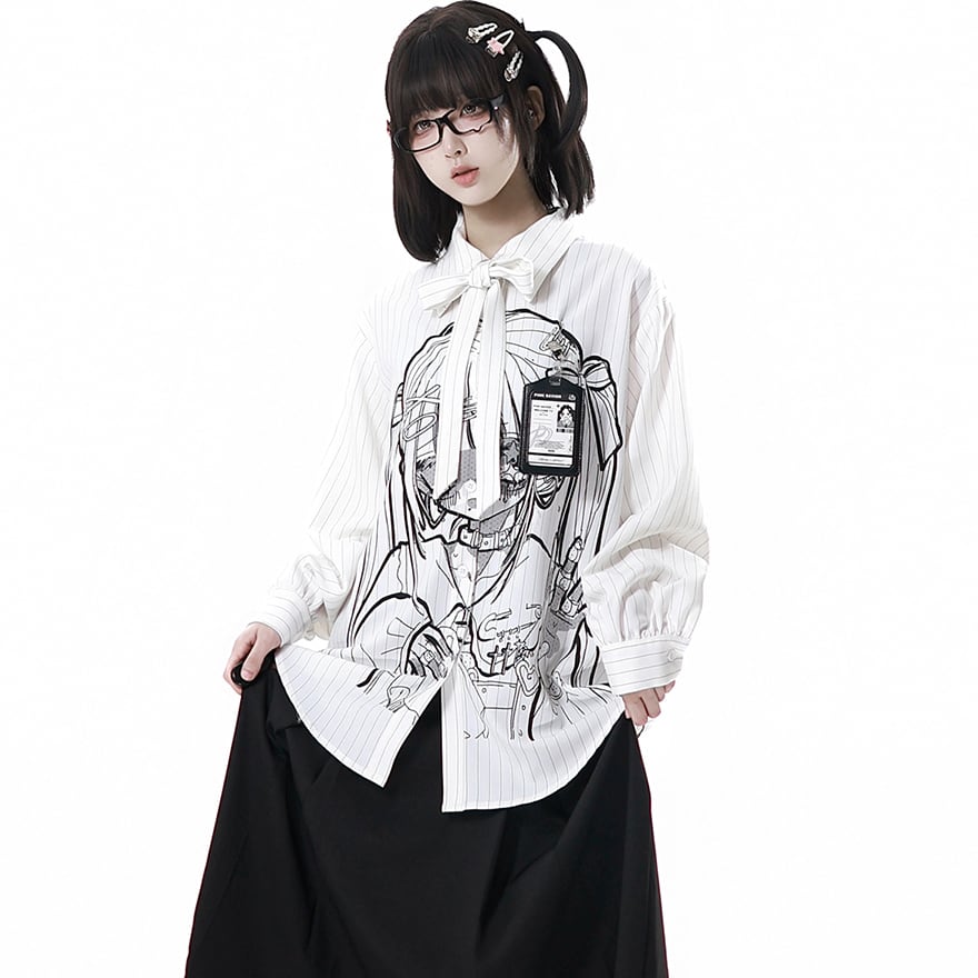 サブカル 服 地雷系 通販 長袖 シャツ ストライプ イラスト pinksavior