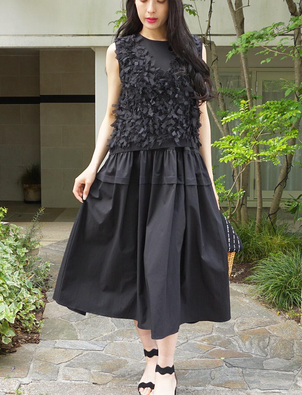 カットソー×ファブリックドッキングワンピース black | amin pur