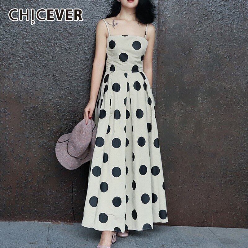 CHICEVER春のマルドットプリントドレス女性ストラップレススパゲッティウエストスリム膝丈プリーツドレス スプリング 春物 6base597686538661