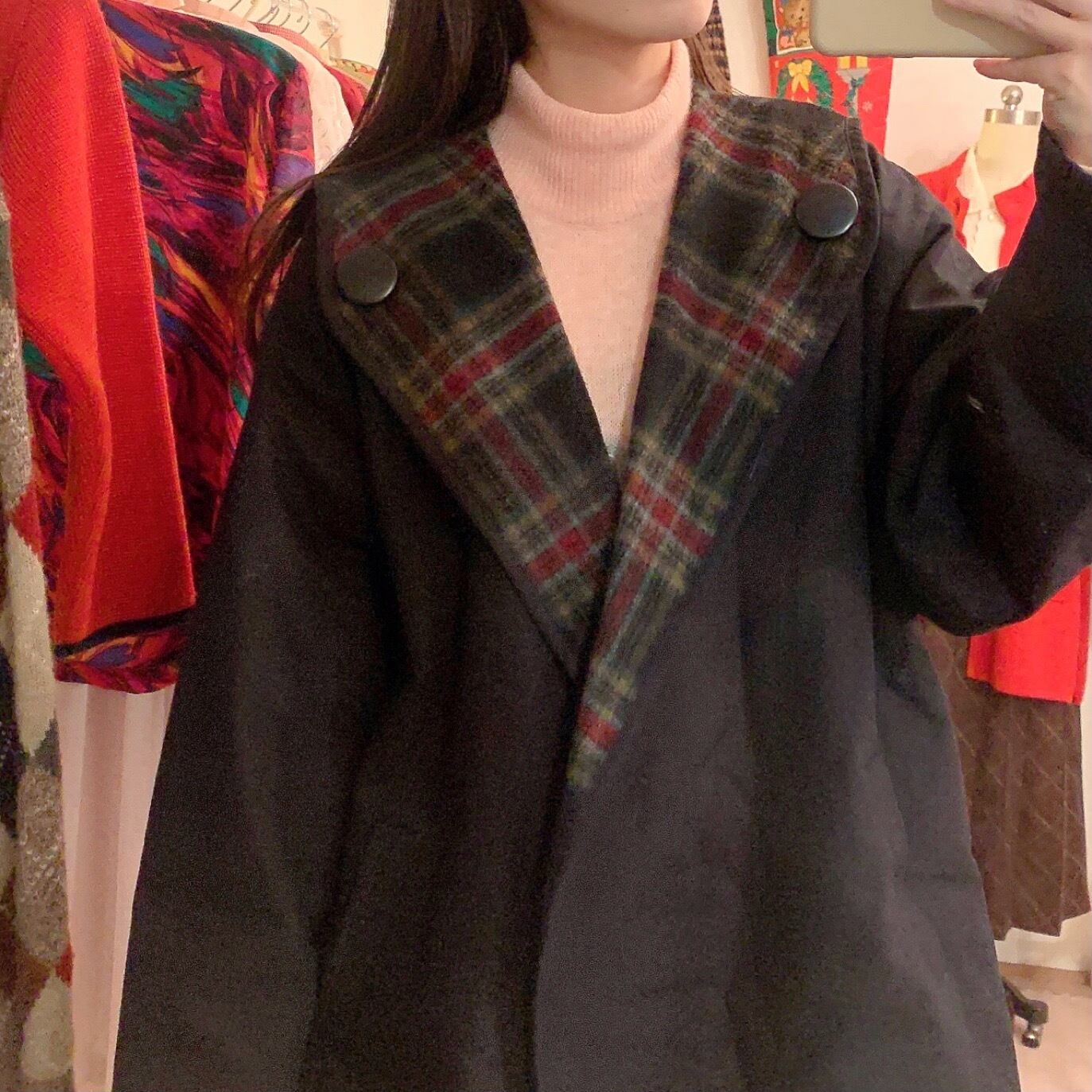 big button check hooded coat