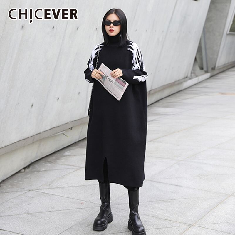 CHICEVERストレートドレスレディースタートルネック長袖プリントヒットカラースプリットヘム特大ストリートウェアドレス2020タイド ロング 6base560810741320