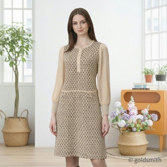 スーパービューティー ワンピース ジャガード編 袖パワーネット ニット 2521007 ベージュ 2025年秋冬 オーラボー Super Beauty 大人かわいい服 大人スタイル キレイメ レディース アパレル 女性 M L LL 30代 40代 50代 60代