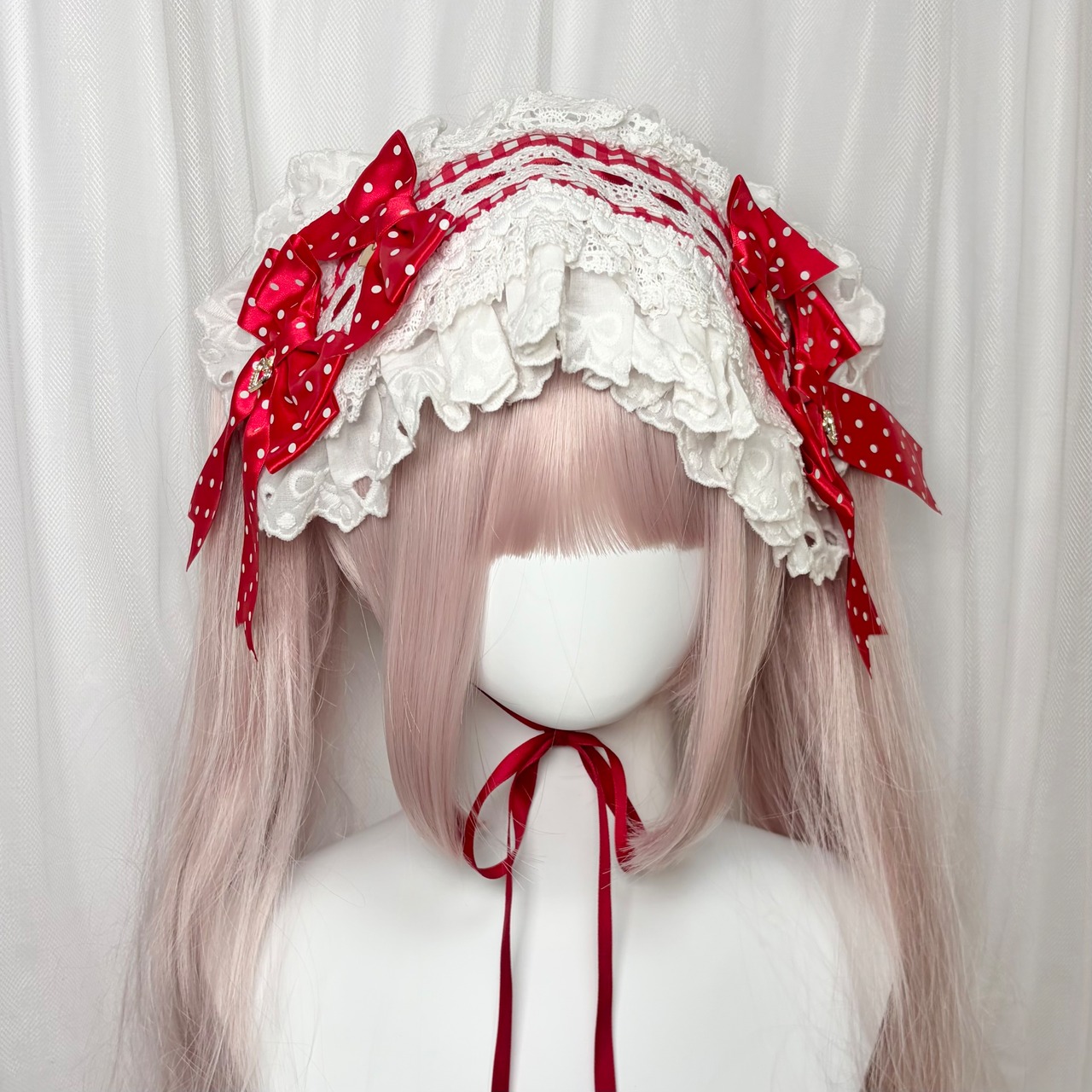 ♡【全３色】ドット柄サテンダブルリボン ボリューミーフリル ギンガムチェックヘッドドレス red ♡
