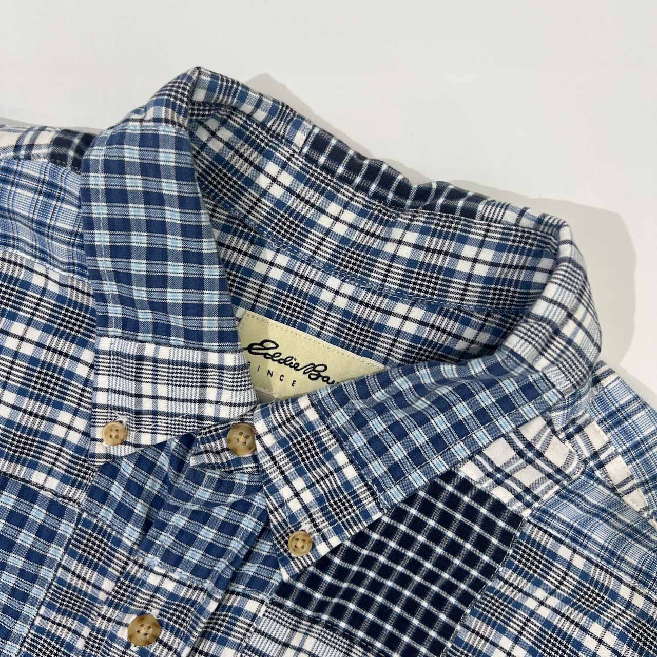 90s Eddie Bauer エディーバウアー 白タグ パッチワーク チェック インド綿 ボタンダウン BD 半袖 シャツ L /ネイビー系/古着