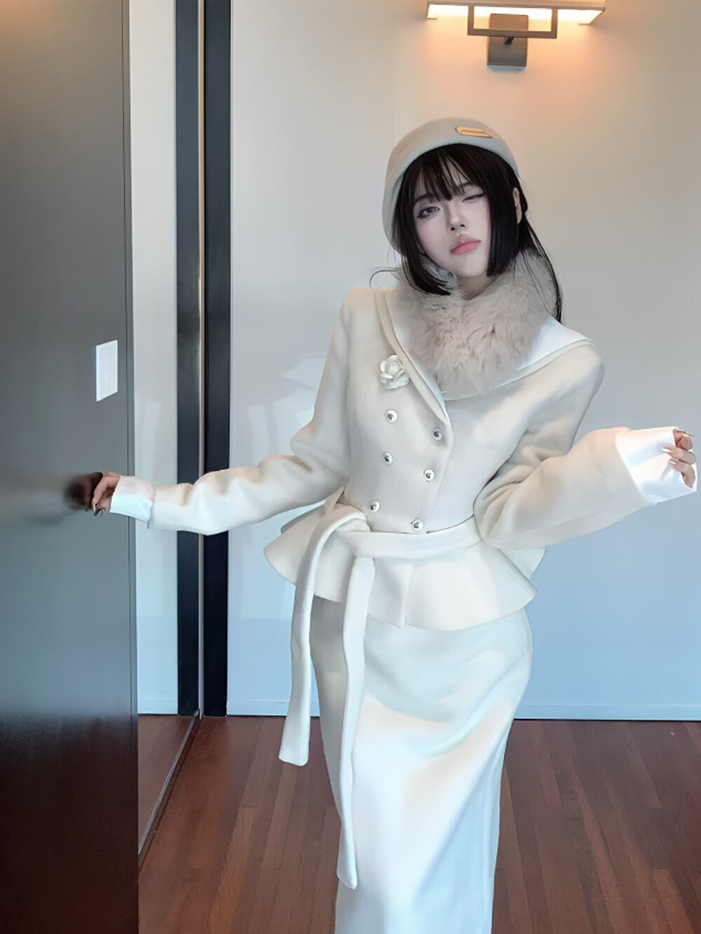 ホワイトスタイルアウター&ロングニットスカート+ファースカーフセットアップ