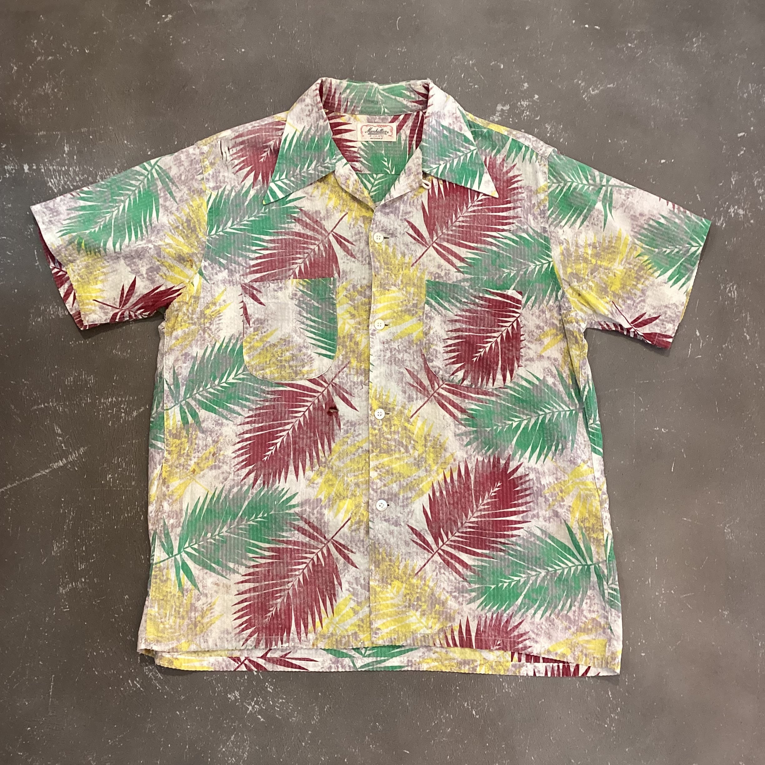 シルバー/レッド 1950s Manhattan 赤 開襟 ボックス Rayon Shirt