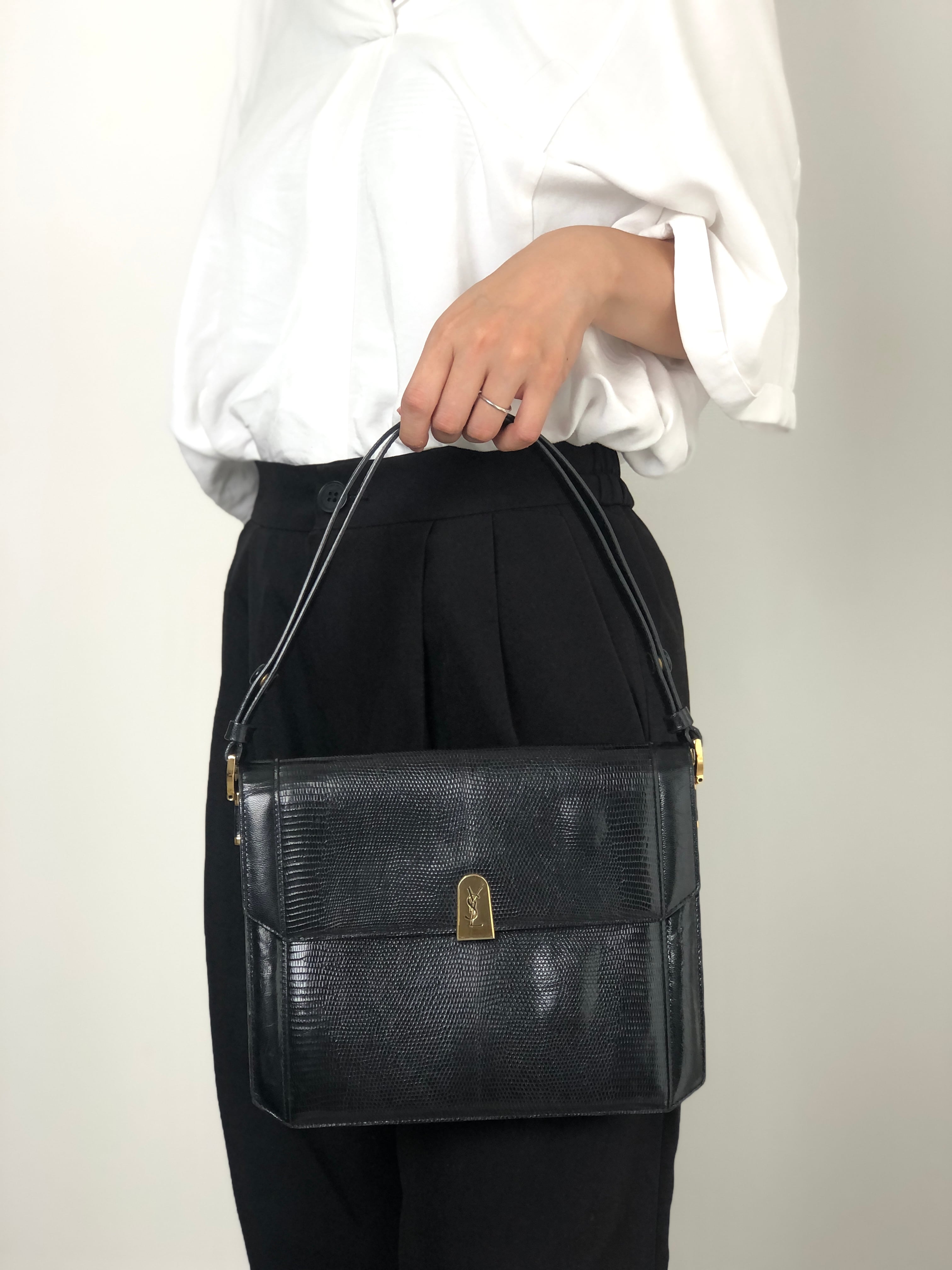 Yves Saint Laurent イヴ・サンローラン ショルダーバッグ ブラック YSL リザード型押し ワンショルダー vintage ヴィンテージ オールド 67eb7u