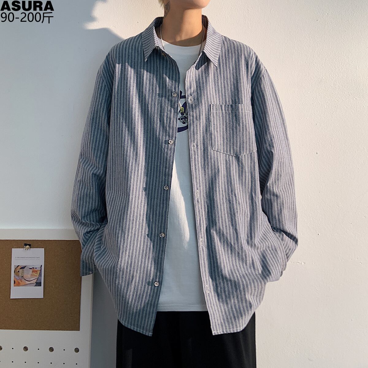 ストライプカジュアルシャツ ルーズスプリングサマー ロング 大きめサイズ 春物 夏物 ASURAプラスサイズメンズ2692544670