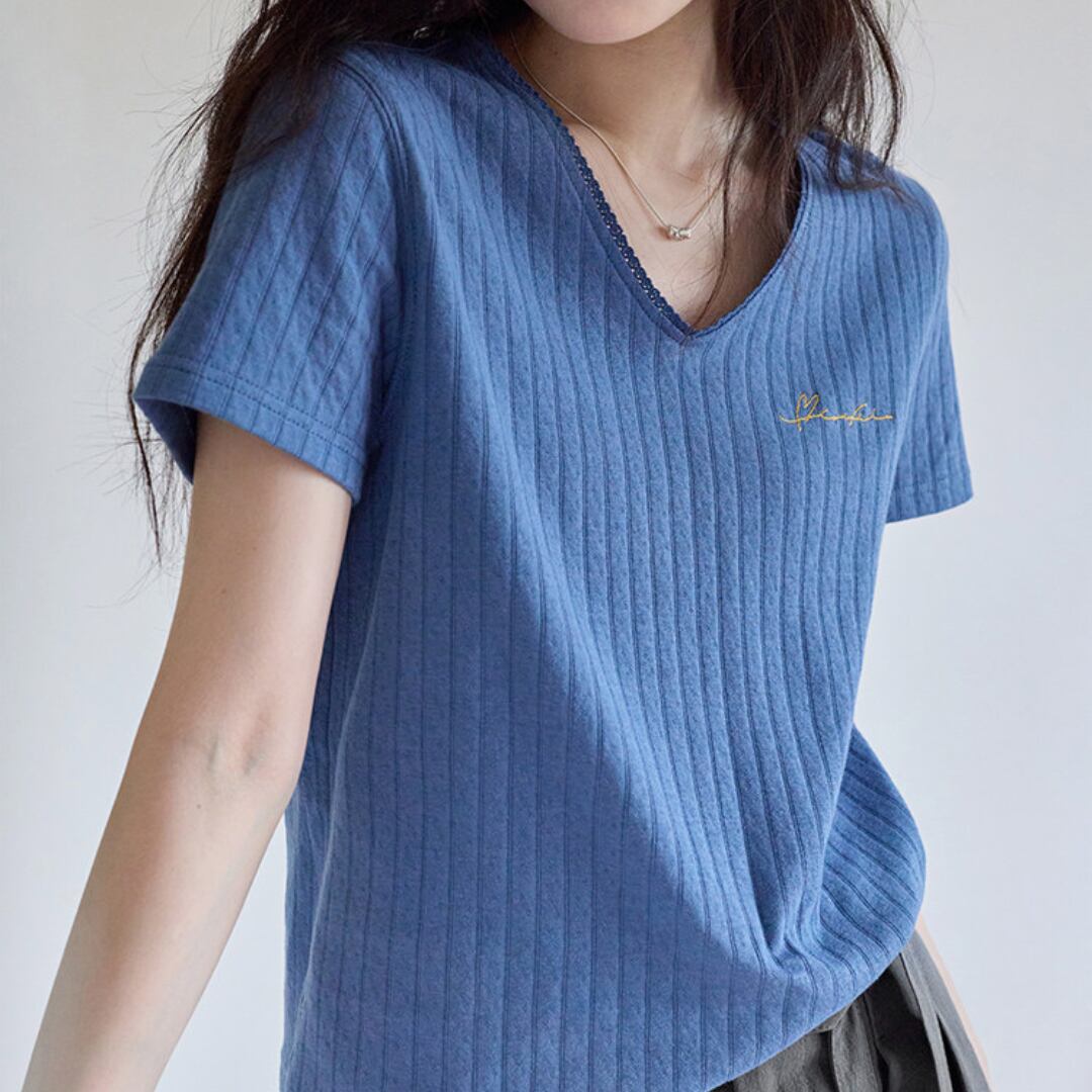ribbed v neck short sleeve top