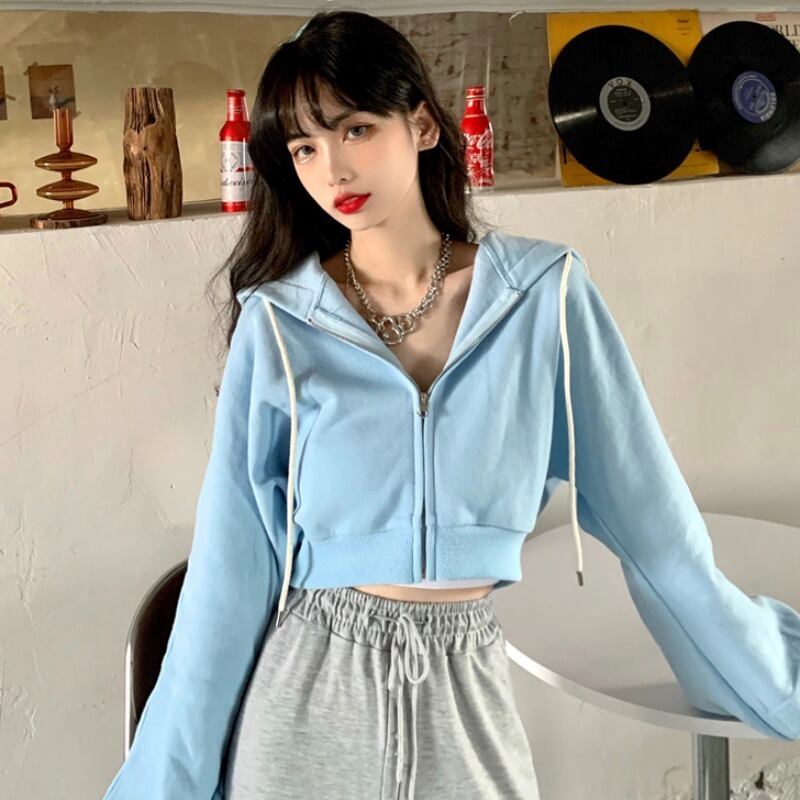 ショートジッパーセーター カーディガンサマースタイルカジュアルジャケット トップス ロング 夏物 YY-ファッション3999528066