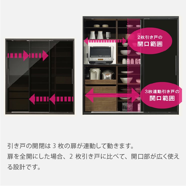 食器棚 引き戸 ガラス キッチンボード 160cm スライド式 3枚