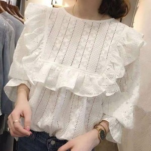 【送料無料】ブラウス シャツ トップス フリル レース キャンディースリーブ ホワイト 大きいサイズ おしゃれ レトロ フェミニン ナチュラル シンプル カジュアル ベーシック デイリー 着回し お出かけ デート TP-115IU