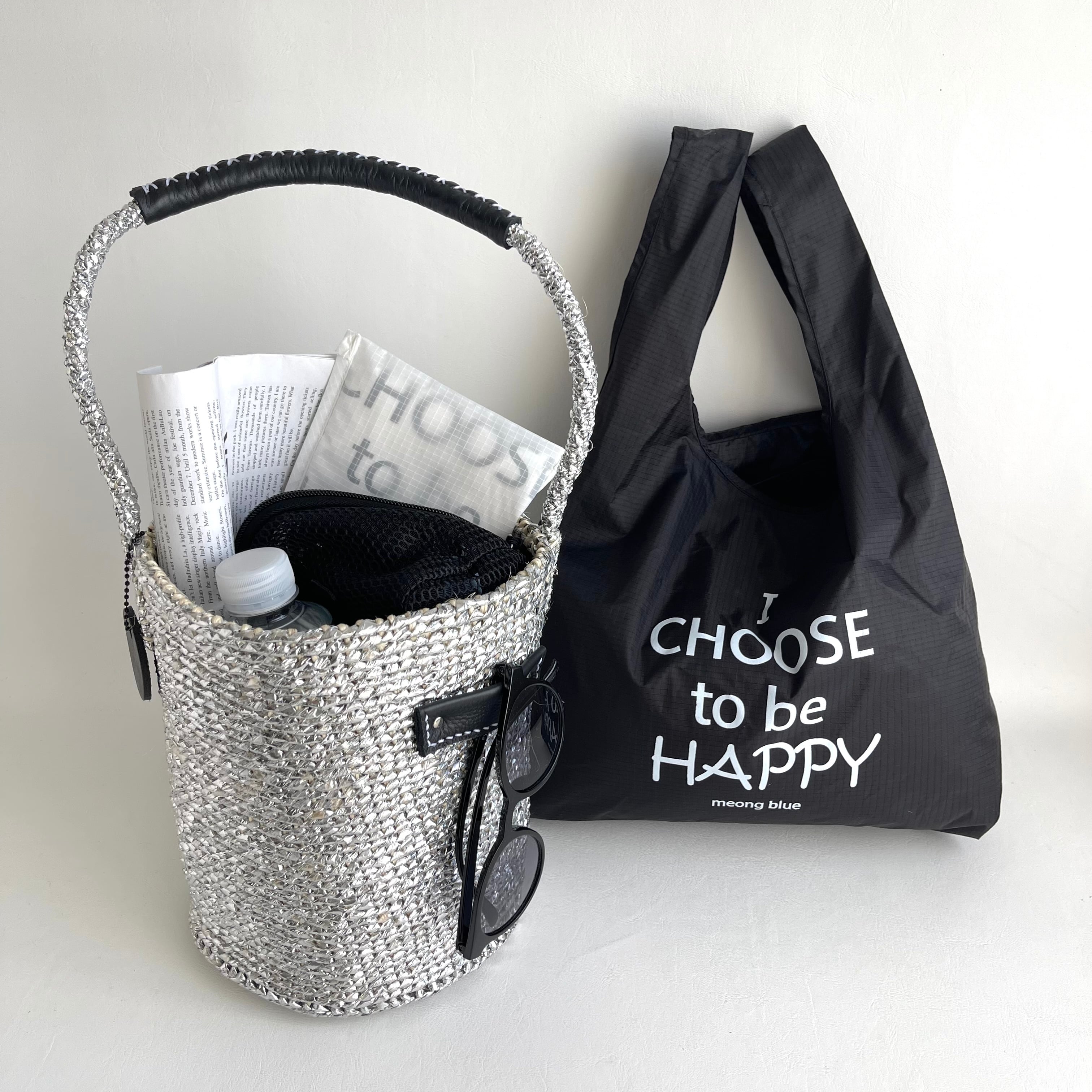 meong blue カゴバッグ　シルバー 限定即納 ] SILVER MIX kago-bag / M / BLUE | meong blue