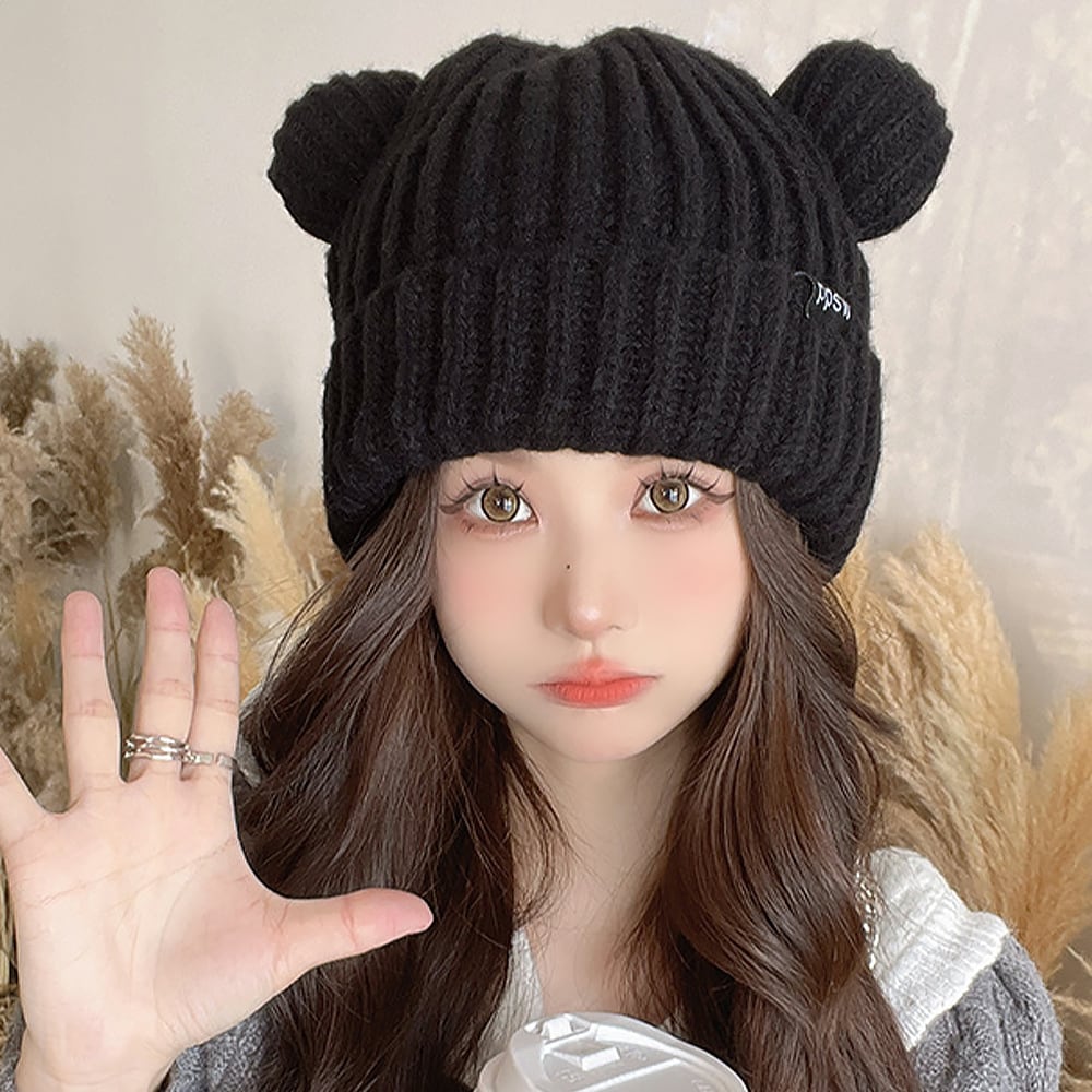 クマミミ ニット帽 レディース 秋冬 韓国 帽子 熊耳 防寒 保温 大人