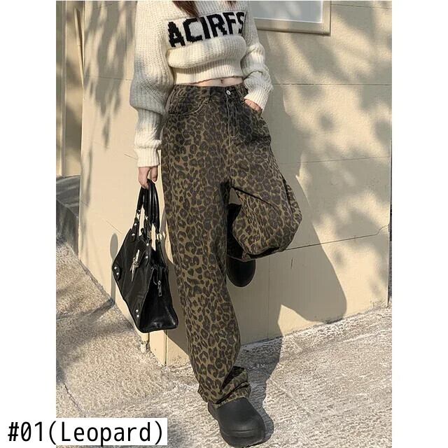 ヒョウ柄 Y2k ジーンズ女性 2024 ウエストだぶだぶワイドレッグデニム