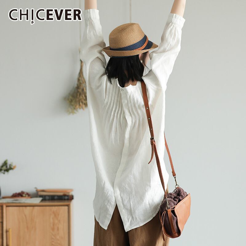 CHICEVERパッチワークポケットシャツOネック長袖オーバーサイズルーズヴィンテージブラウス女性2020夏服 ロング サマー 夏物 ビンテージ 6base573426475092