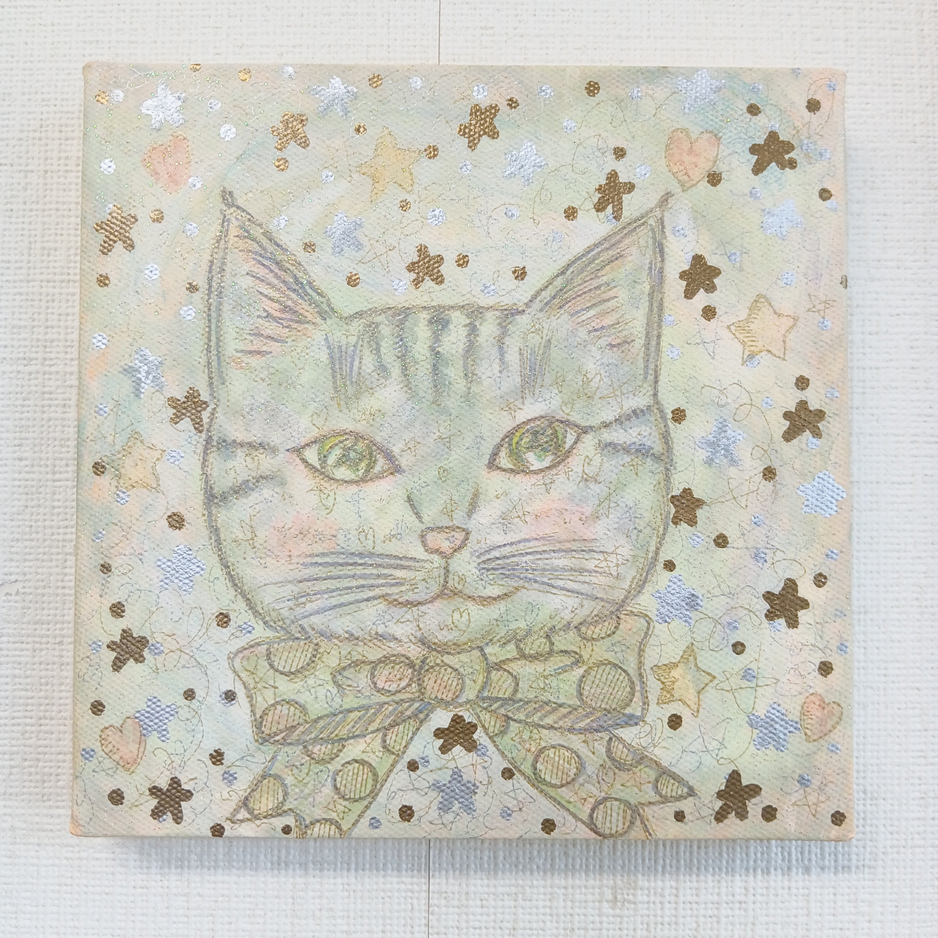 原画】キラキラ可愛い☆猫イラスト リボンちゃん（淡いオレンジ