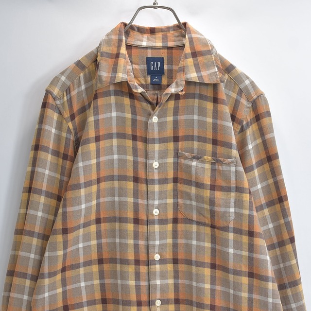 00s GAP ギャップ 長袖オープンカラーシャツ ダブルカフス 綿100% チェック柄 アメカジ Y2K カジュアル ブラウン USED ヴィンテージ ビンテージ 古着 メンズ M相当