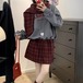 【3点セット】2色／ドロストトレーナー＋チェックミニスカート＋マフラー ・73719