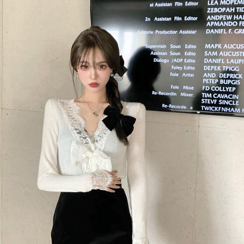 ニットセーター レースVネックショートホワイトシャツ オータムウィンタースリムトップス 秋物 冬物 ブラックストロベリース73269368001