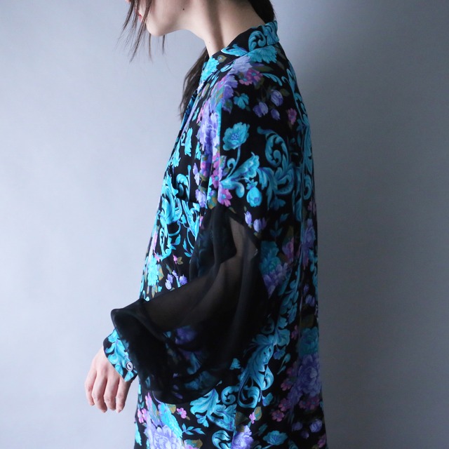sleeve sheer fabric switching design beautiful flower pattern special shirt