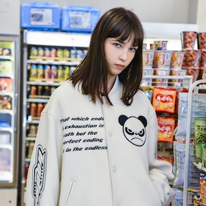 送料無料【HIPANDA ハイパンダ】男女兼用 スタジャン UNISEX BASEBALL JACKET / BEIGE