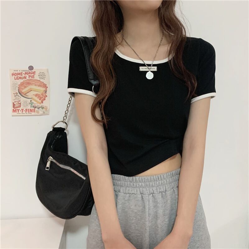 ショートトップス サマー薄手スタイルカラーハイウェストウェストホワイトTシャツ 大人ガーリー スウィート キュート カジュアル 夏物 萌量不足61574497548