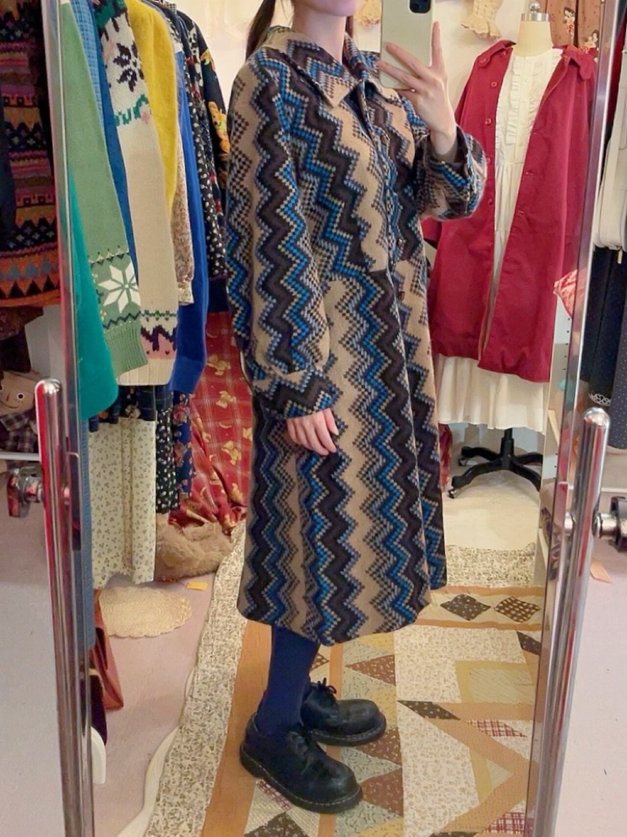 blue brown zigzag wool one-piece