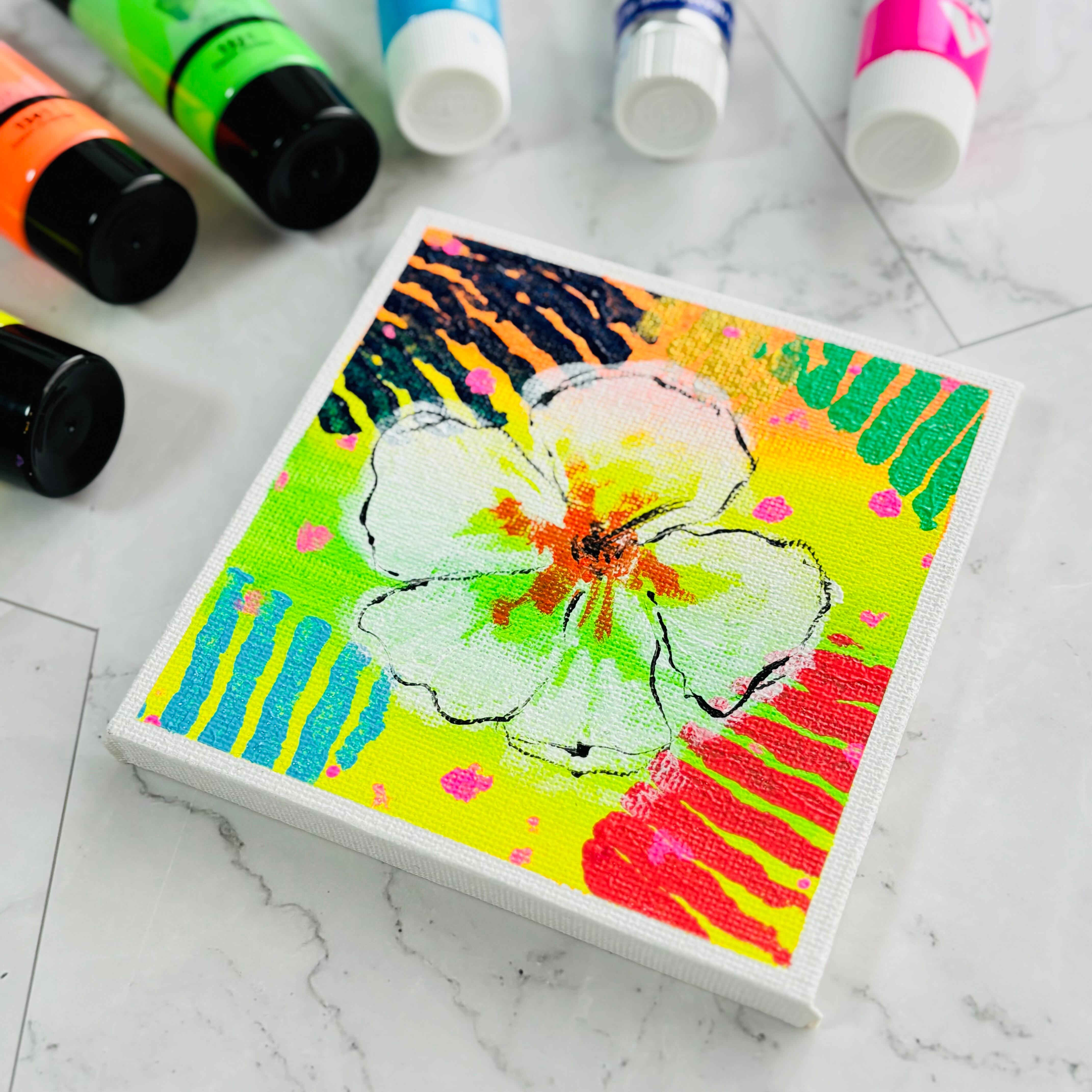 10cm】ハイビスカス キャンバスアート カラフル アクリル絵の具 ※運気